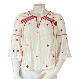 Floreat White Red Embroidered Bell Sleeve Boho Peasant Blouse Top Size 0 Cottage